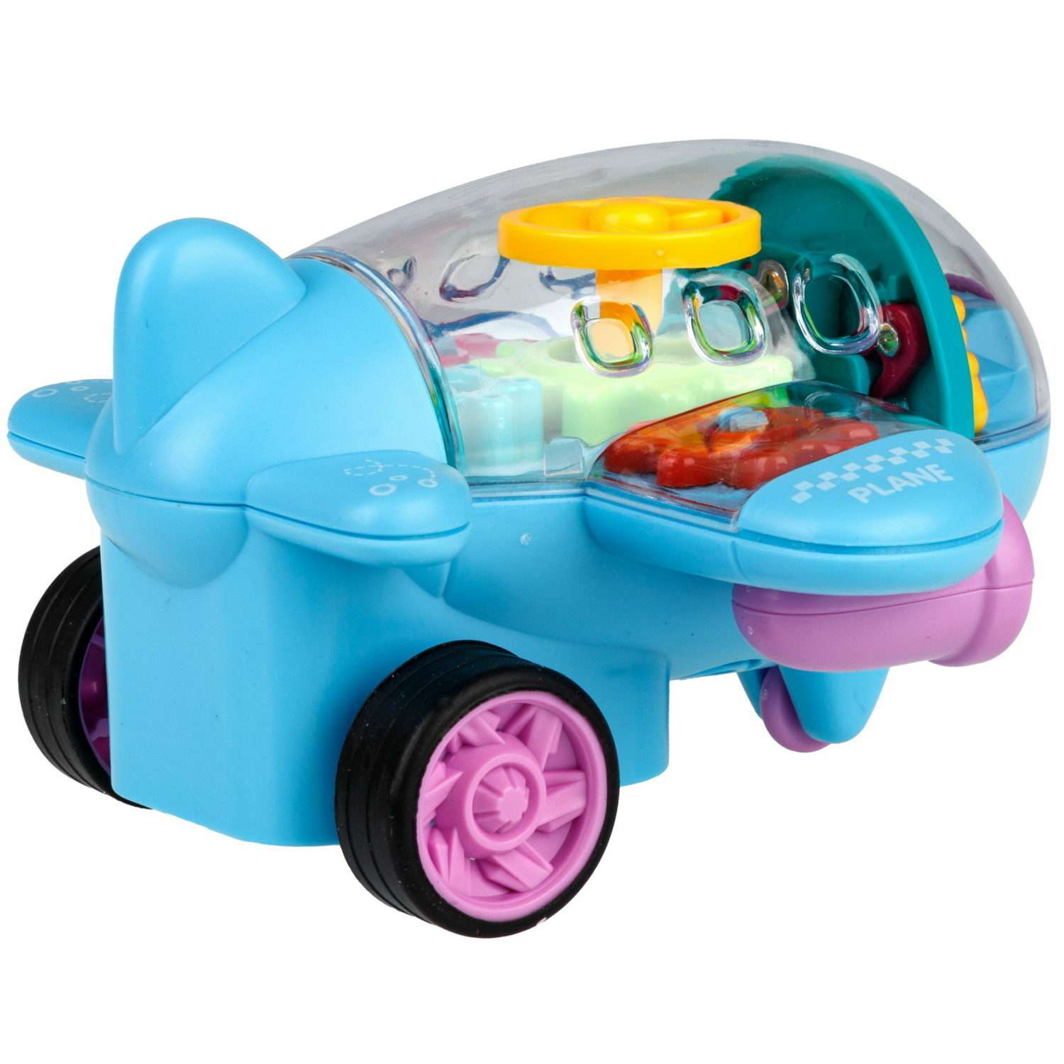 Самолет игрушка для детей 1TOY Движок голубой прозрачный с шестеренками светящийся на батарейках - фото 2