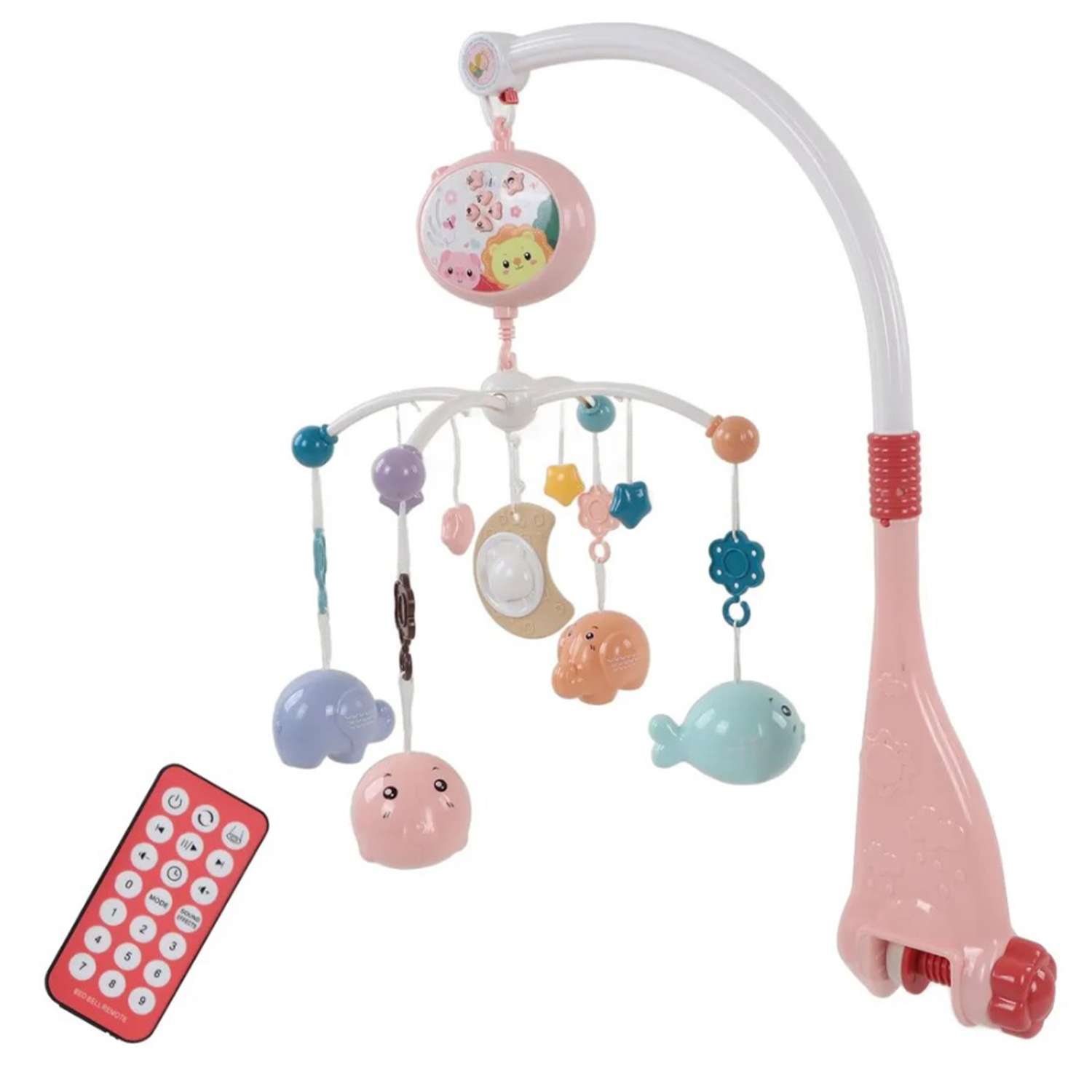 Мобиль розовый рыбки и слоник ТОТОША с пультом и проектором каруселька детская в кроватку для новорожденных - фото 5