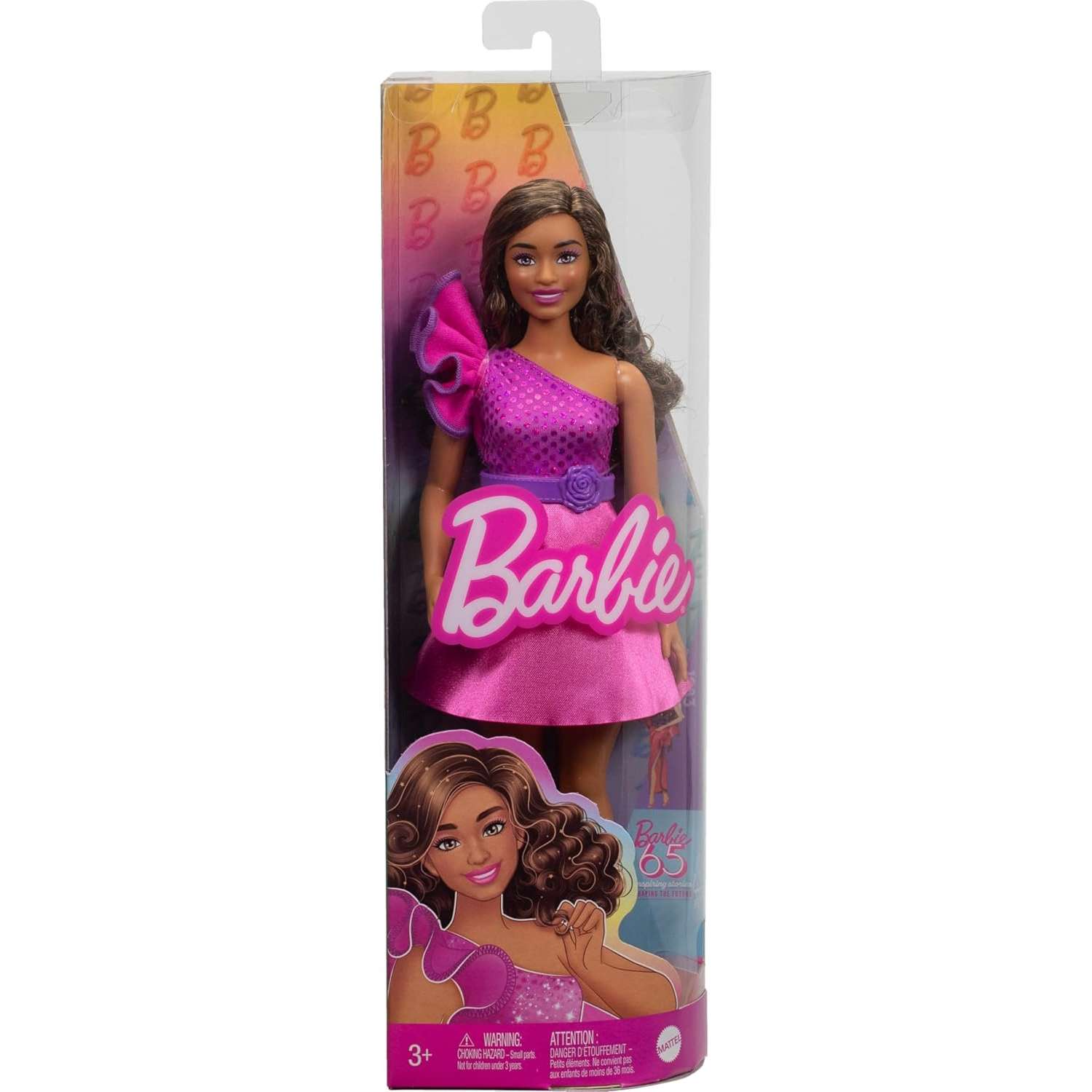 Кукла Barbie Fashionistas пышнотелая с каштановыми волосами в розовом блестящем платье HRH22 HRH22 - фото 5