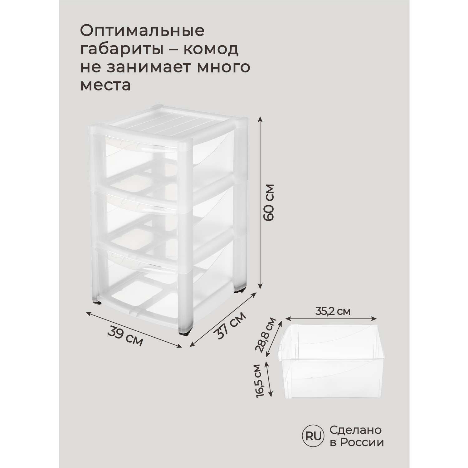 Комод на колесах БЫТПЛАСТ Амадео 3 ящика прозрачный 39х37х60 см - фото 2