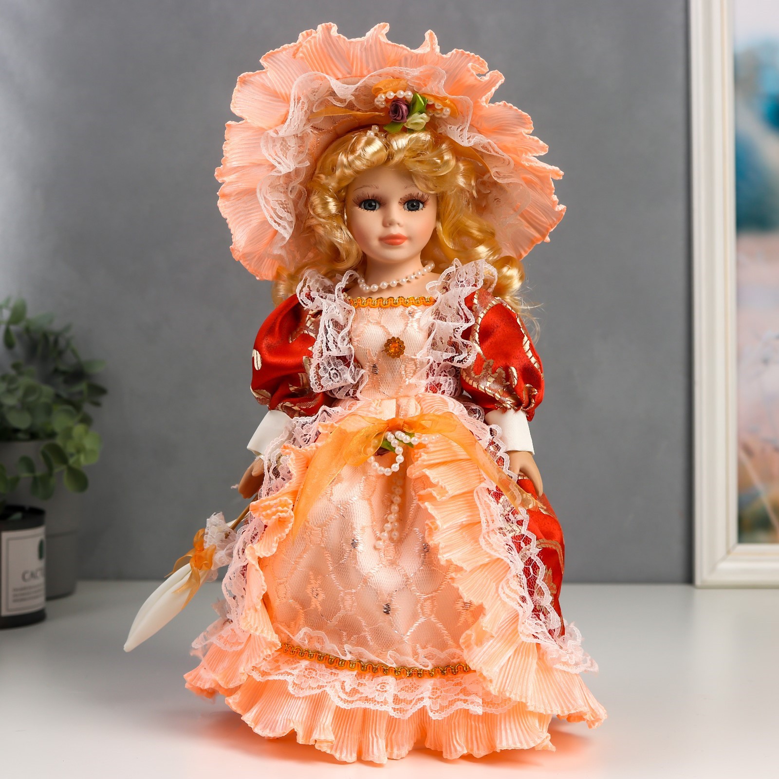 Кукла коллекционная Зимнее волшебство керамика «Леди Анастасия в красно-оранжевом платье » 30 см - фото 1