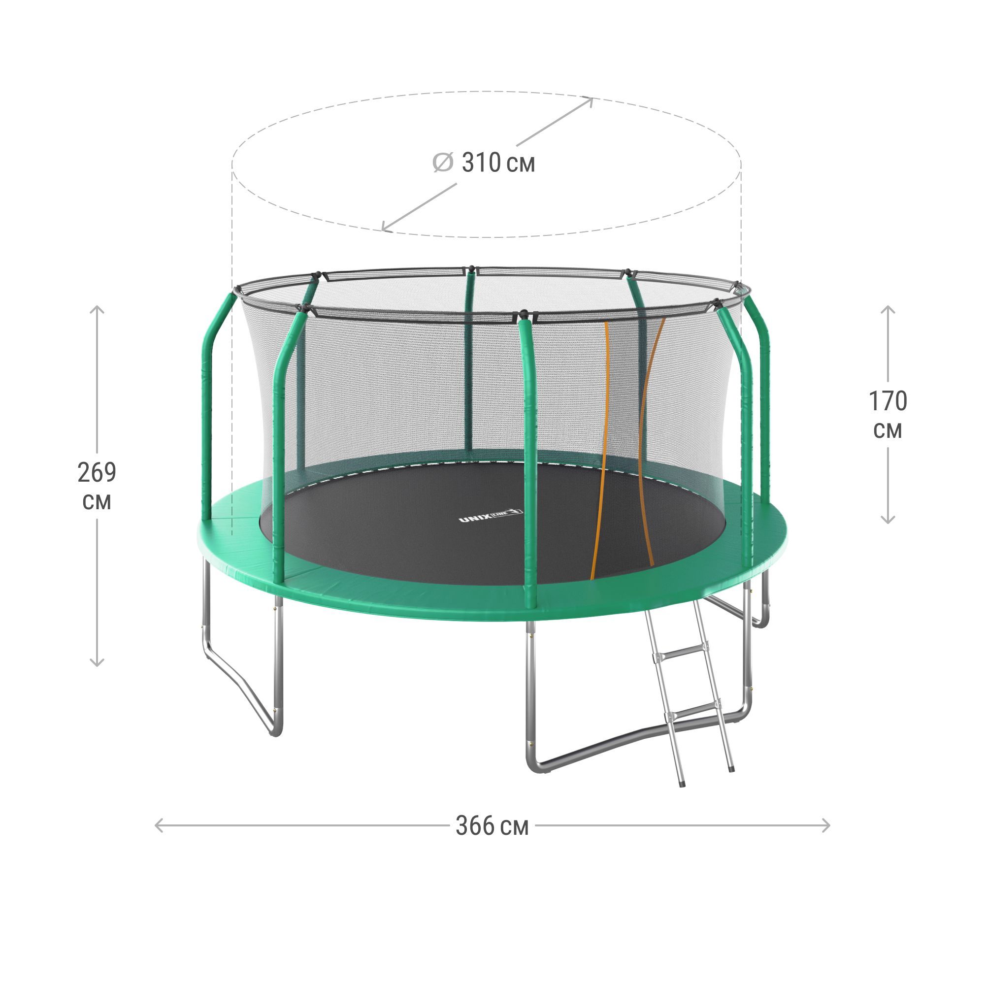 Батут каркасный supreme basic UNIX line 12 ft Greenдиаметр 366 см вес до 150 кг диаметр прыжковой зоны 310 см - фото 3