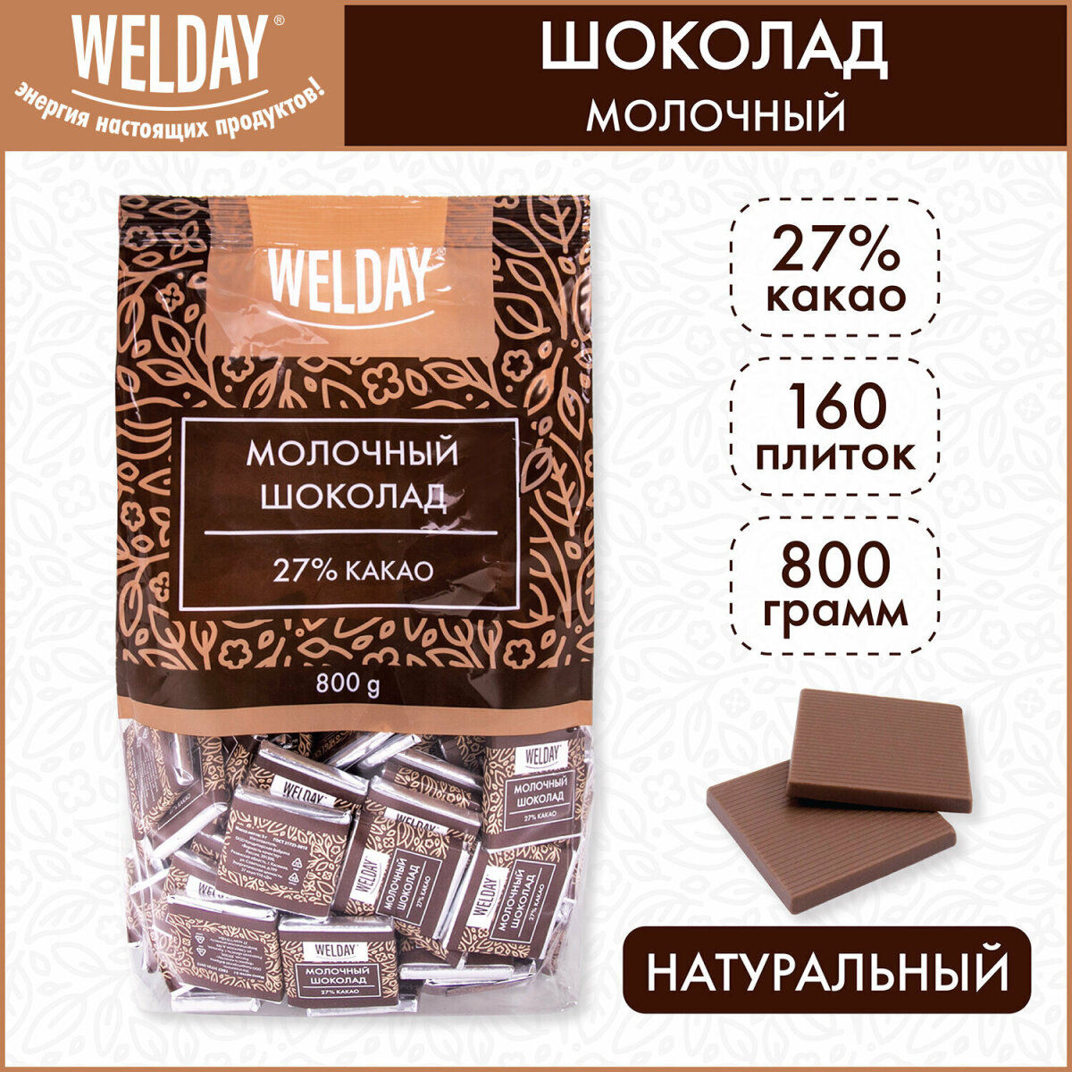 Шоколад порционный WELDAY плиточный молочный 160 плиток - фото 1
