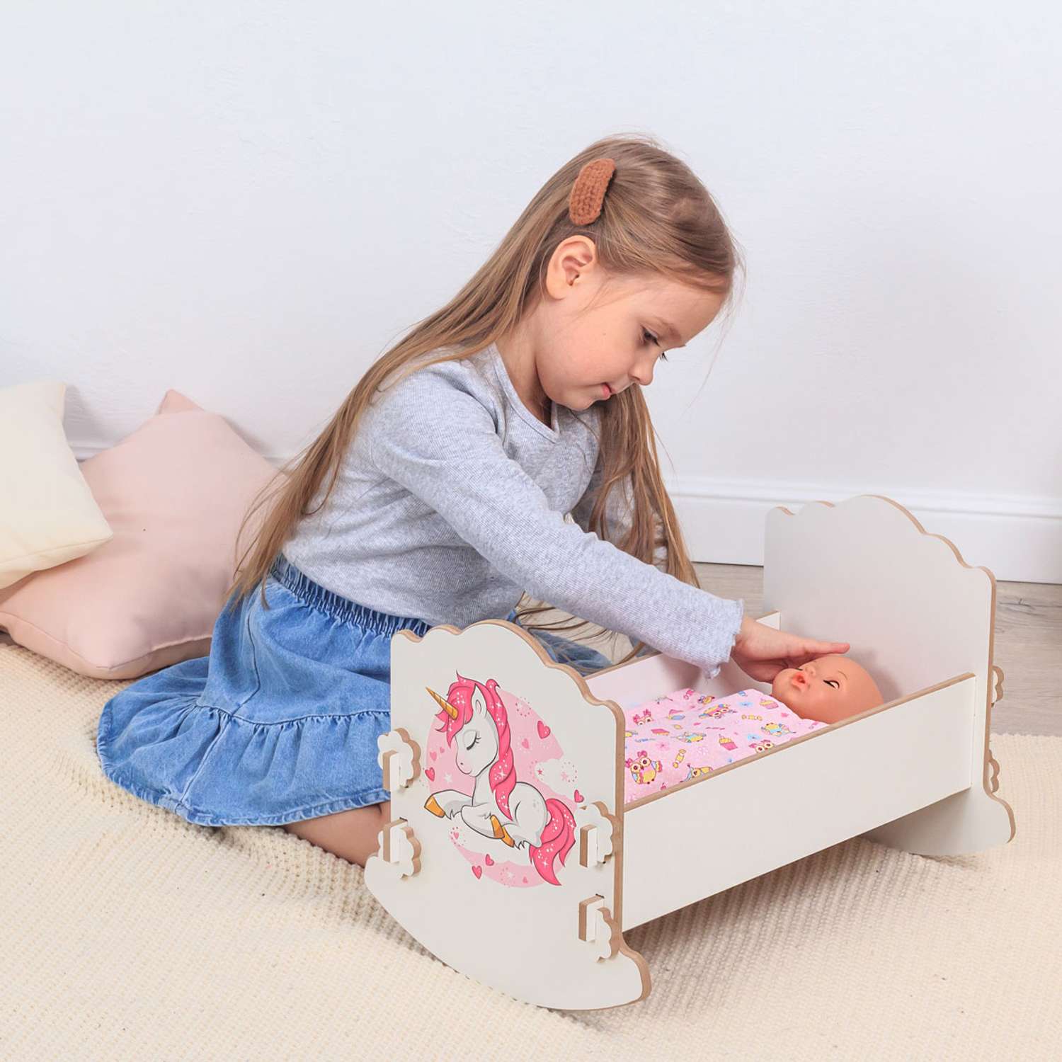 Кроватка для куклы до 41 см Pema kids Материал ламинированный МДФ ЛамЛюлькаЕдинорог - фото 1