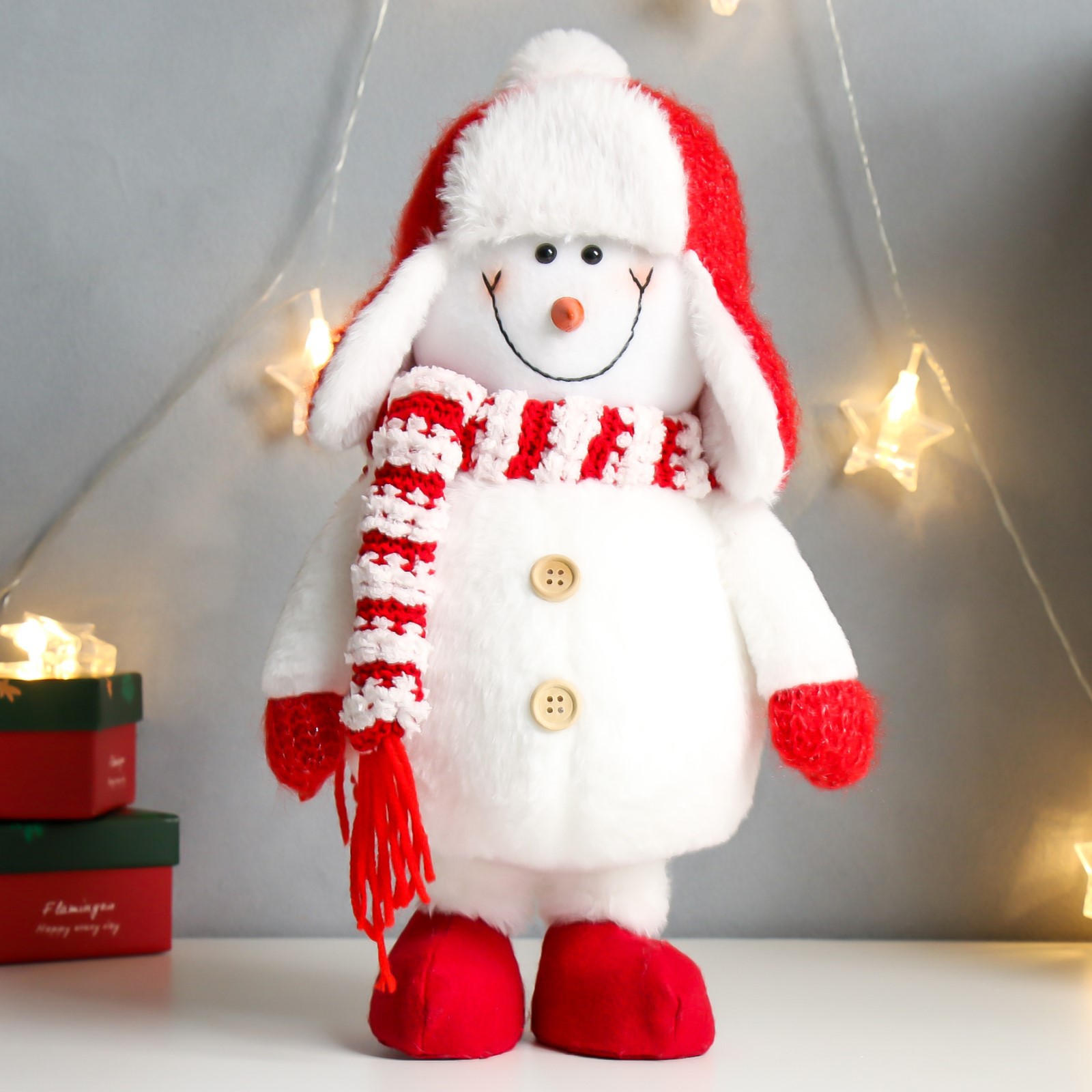 Кукла интерьерная Зимнее волшебство «Снеговик в красной шапке-ушанке с бомбошкой» 40х17х16 см - фото 5