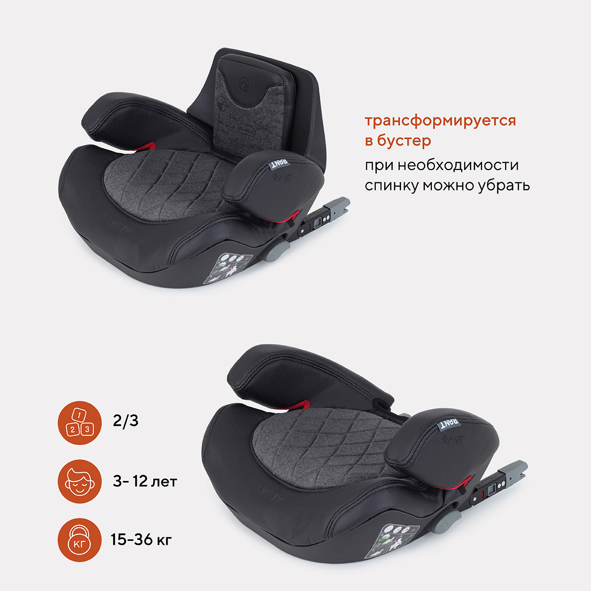 Автокресло Rant BH316i Flyfix Genius Line гр.2-3 15-36 кг Dark grey - фото 3