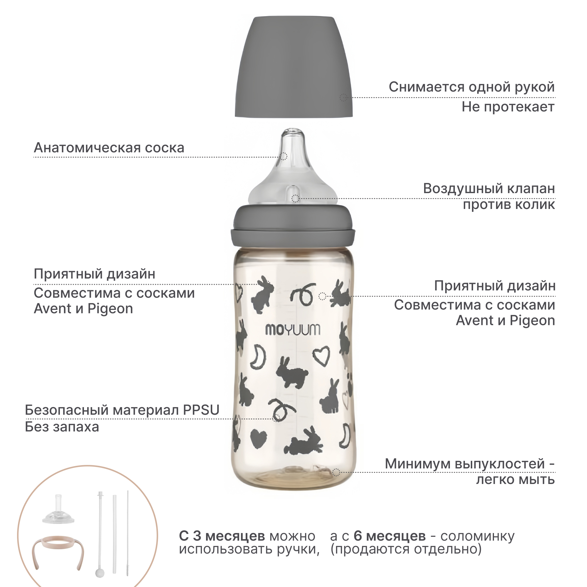 Детская бутылочка MOYUUM Зайчик с соской 270 мл - фото 4