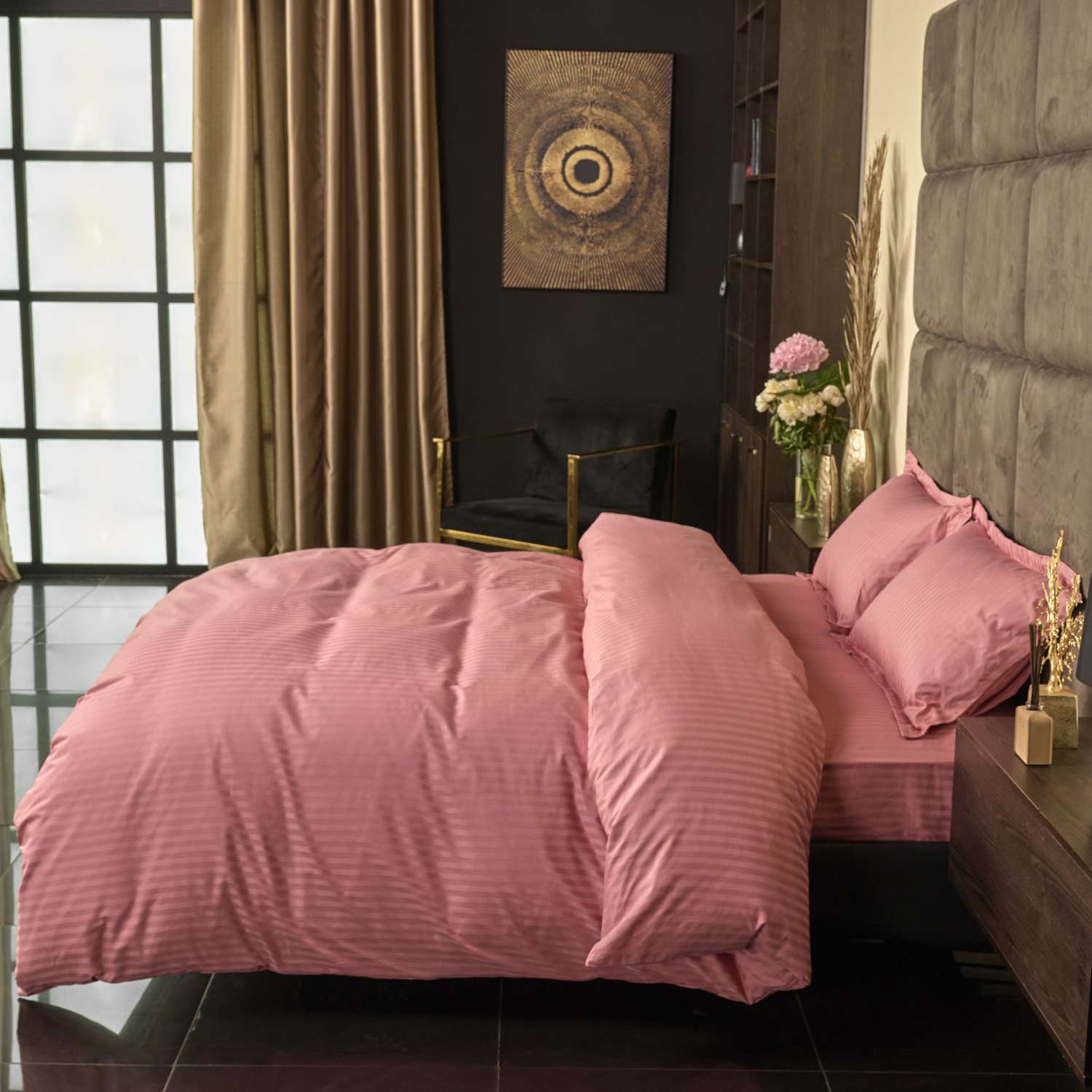 Постельное белье Arya Home Collection Евро комплект Отель 200х220 страйп сатин 2 наволочки 50х70 Розовый - фото 3