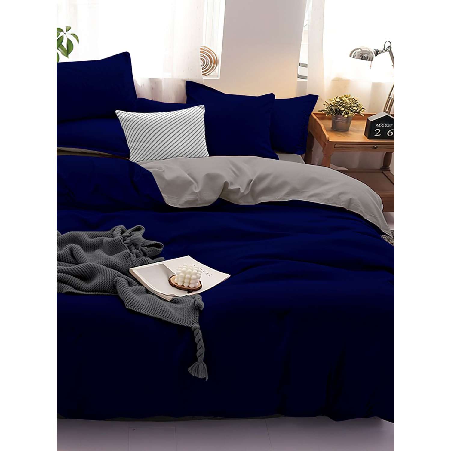 Комплект постельного белья PAVLine Манетти полисатин Евро темно-синий/серый S32 - фото 3