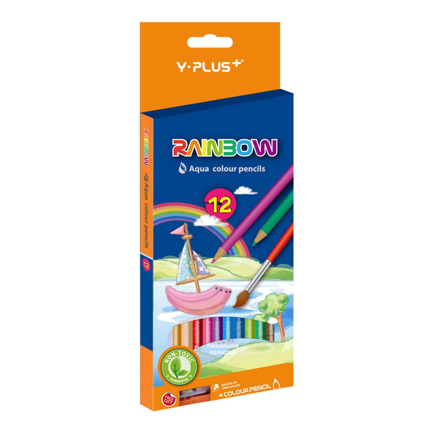 Карандаши цветные Y-plus Rainbow акварельные 12 цветов +кисточка+точилка DPC1302 - фото 1