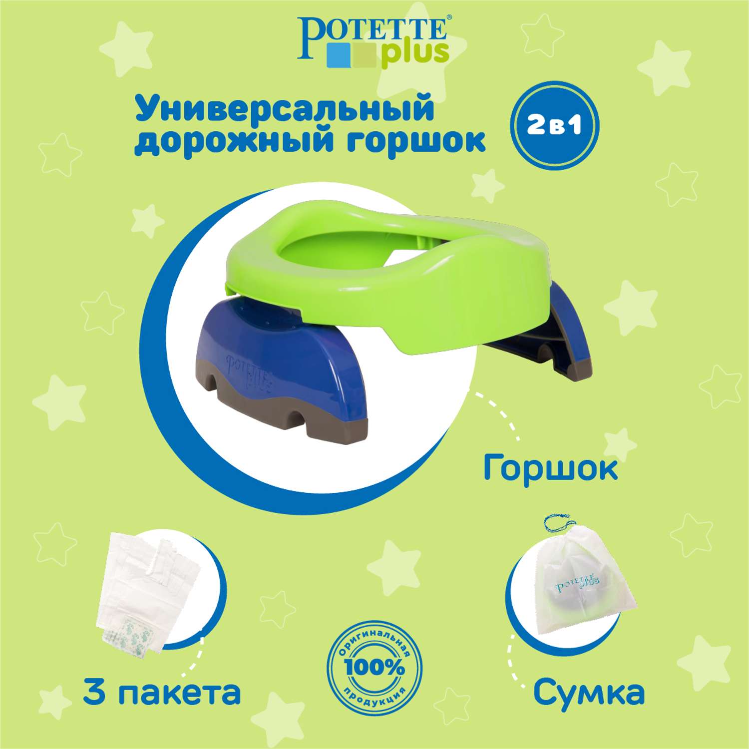 Дорожный горшок Potette Plus складной + 3 одноразовых пакета зеленый/голубой - фото 2
