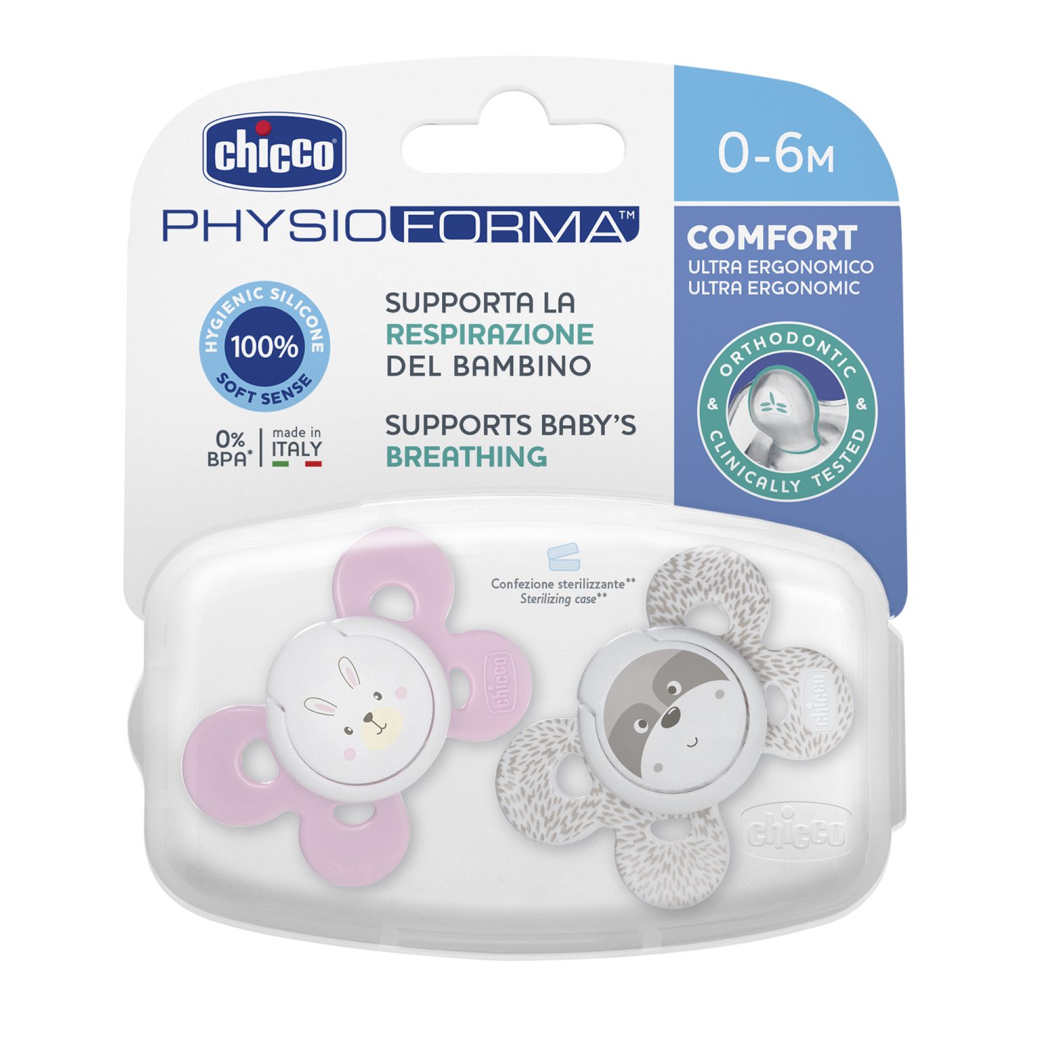 Пустышка CHICCO Physio Comfort 2шт 0-6мес силикон Pink рисунок белочка енот - фото 1