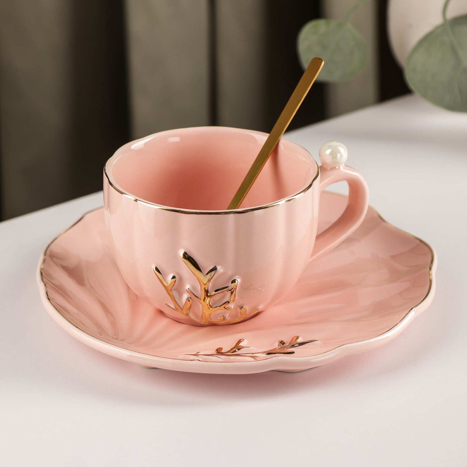 Чайная пара Sima-Land с ложкой Линия чашка 250 мл блюдце цвет розовый - фото 1