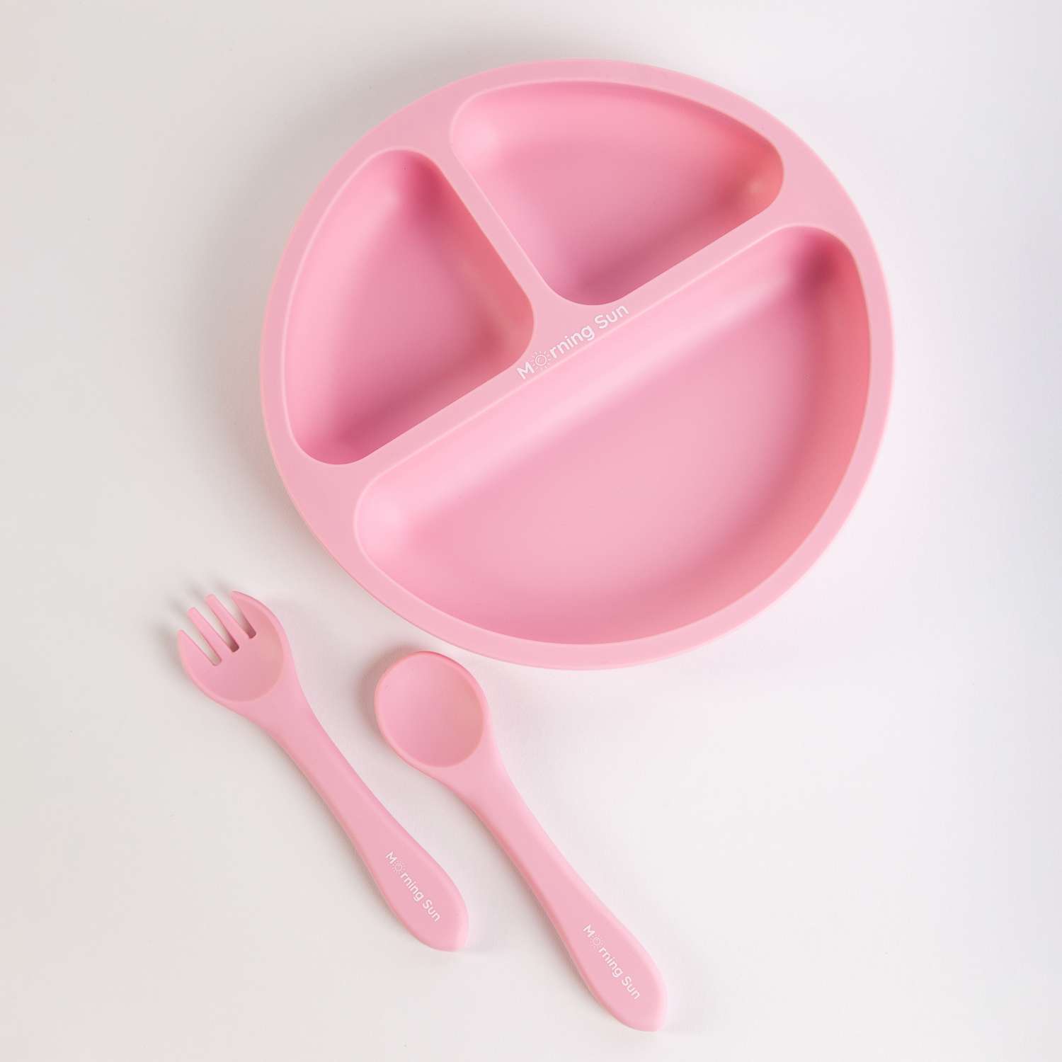 Набор детской посуды Morning Sun силиконовый секционная тарелка ложка вилка розовый - фото 1
