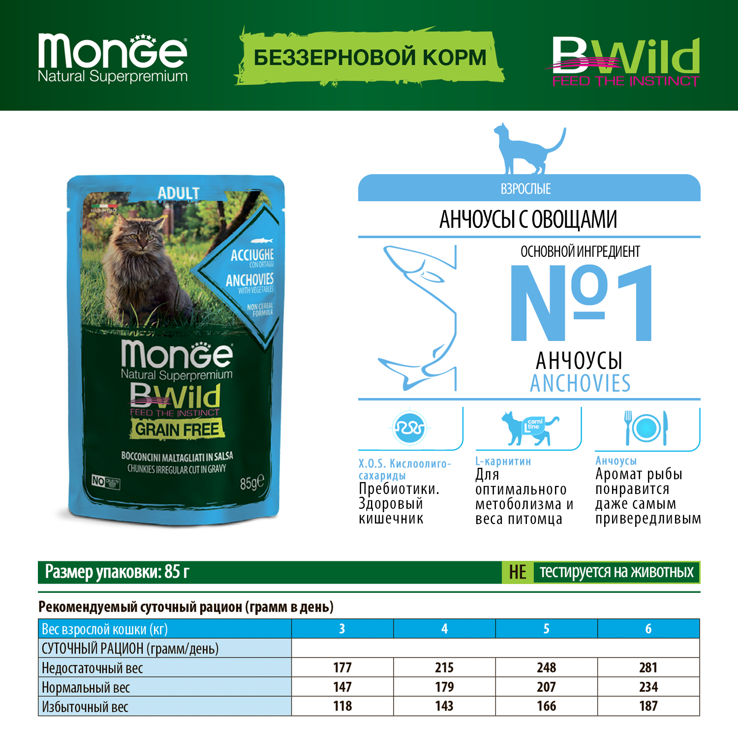 Корм для кошек MONGE Cat BWild Grain Free для взрослых беззерновой из анчоусов с овощами пауч 85г - фото 4