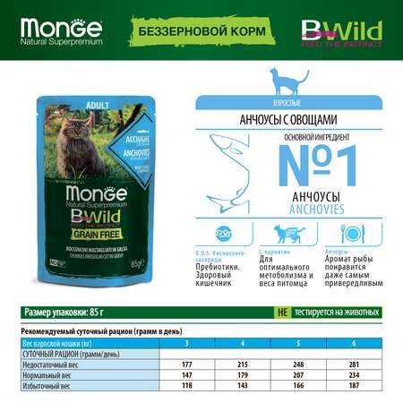 Корм для кошек MONGE Cat BWild Grain Free для взрослых беззерновой из анчоусов с овощами пауч 85г