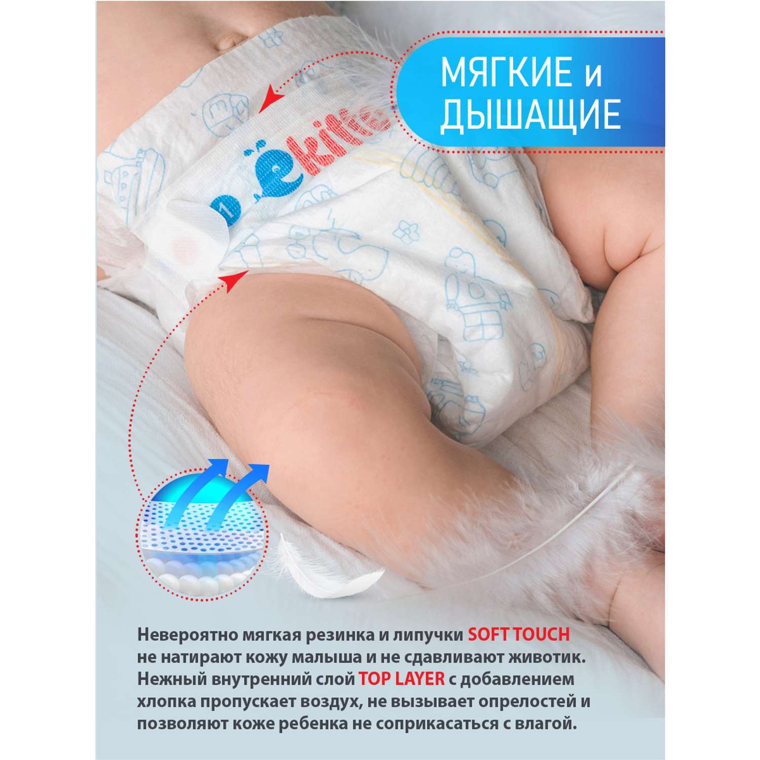 Подгузники Ekitto на липучках 1 размер NB для новорожденных тонкие 0-5 кг 30 шт - фото 4