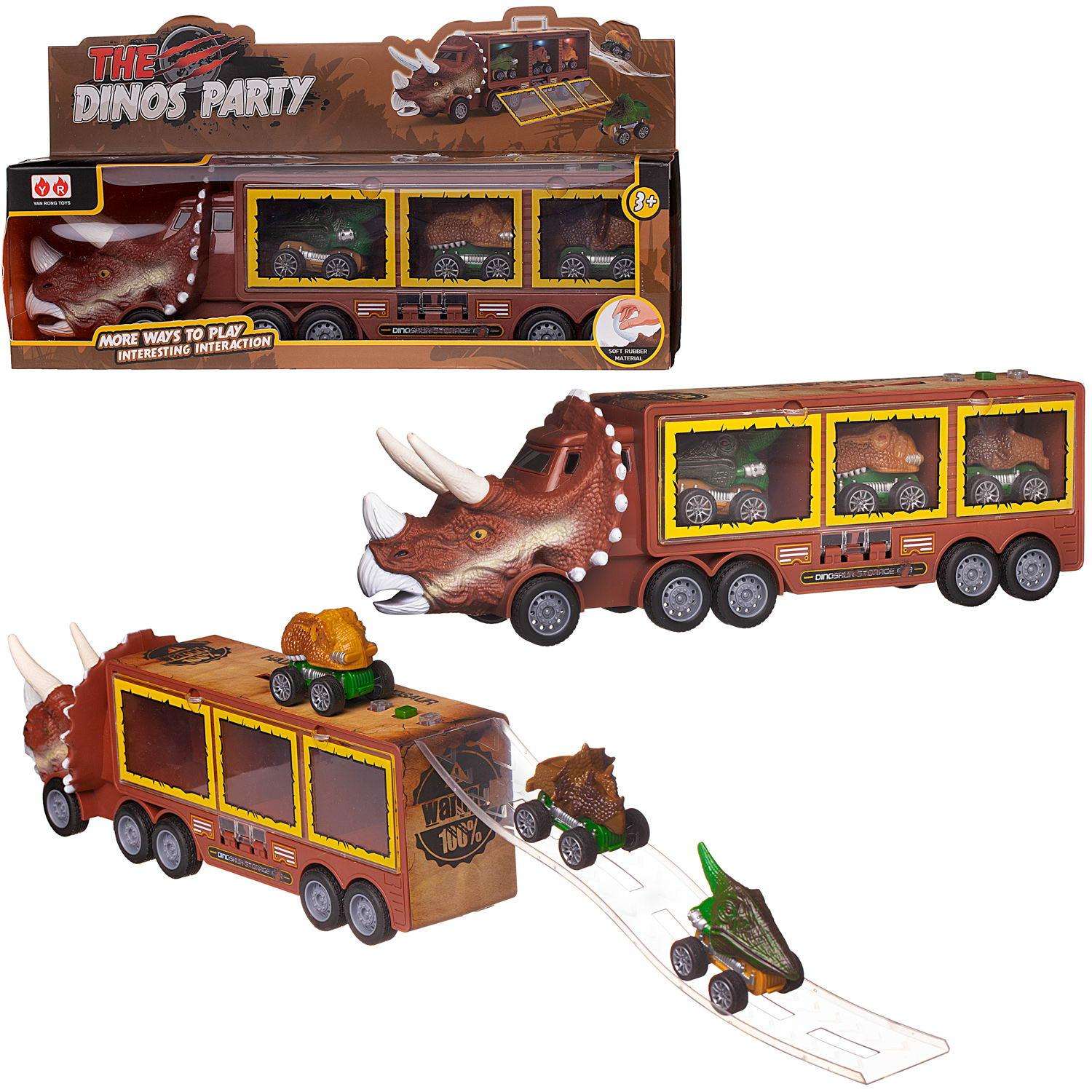 Игровой набор Junfa Автовоз динозавр коричневый с 3 машинками со съездом WC-11972 - фото 3
