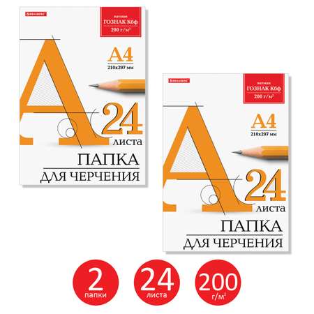 Бумага для черчения Brauberg большого формата А4 2 папки по 24 листа 200 г/м2 ватман Гознак