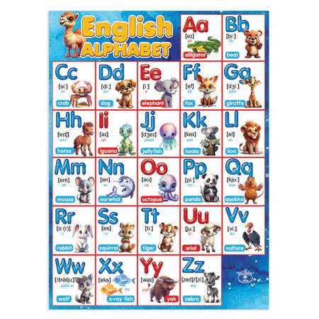 Плакат обучающий на стену Праздник алфавит английский язык english с картинками и транскрипцией азбука