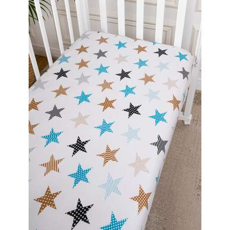 Простынь на резинке в кроватку Baby Nice Звезды разноцветные 60х120 бязь