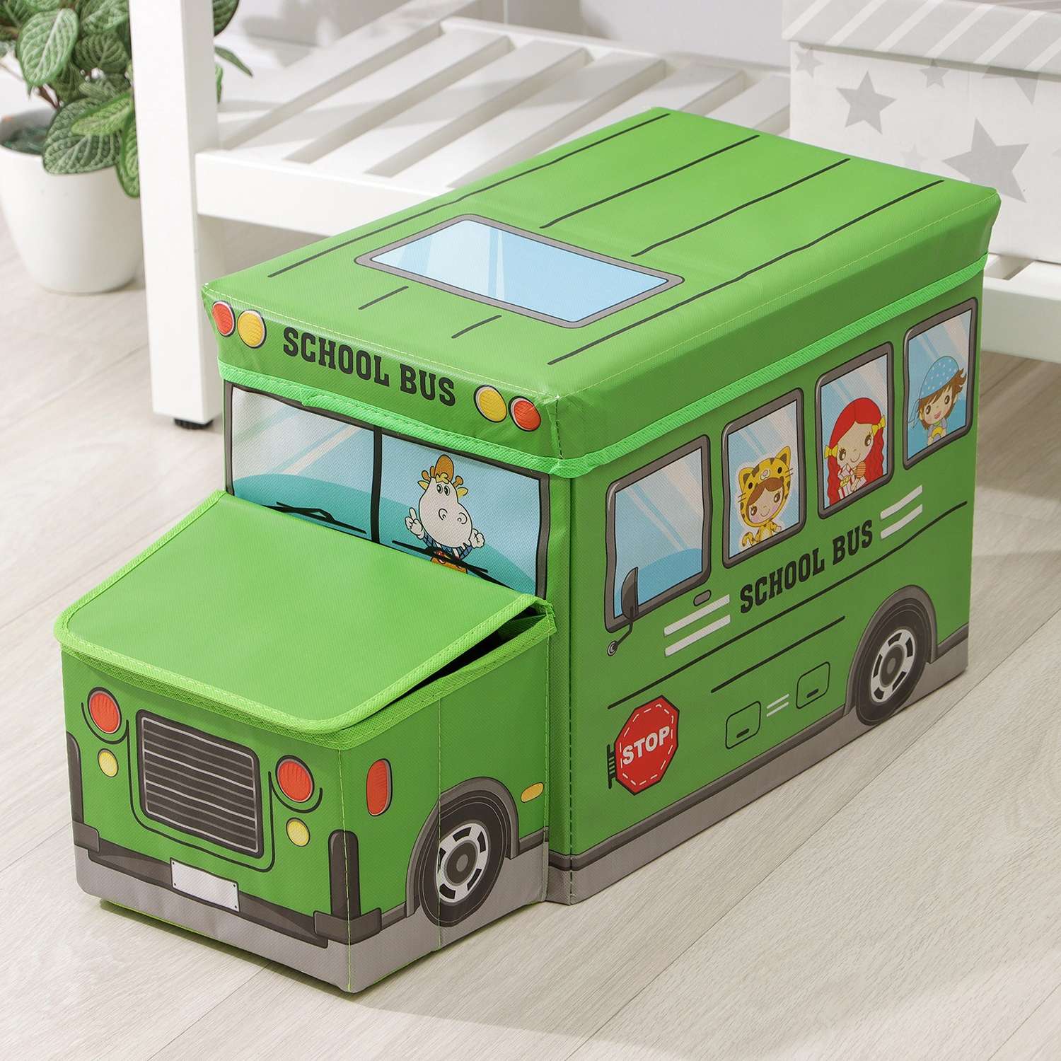 Короб Школа Талантов стеллажный для хранения с крышкой «Школьный автобус» 55×26×32 см 2 отделения цвет зелёный - фото 2