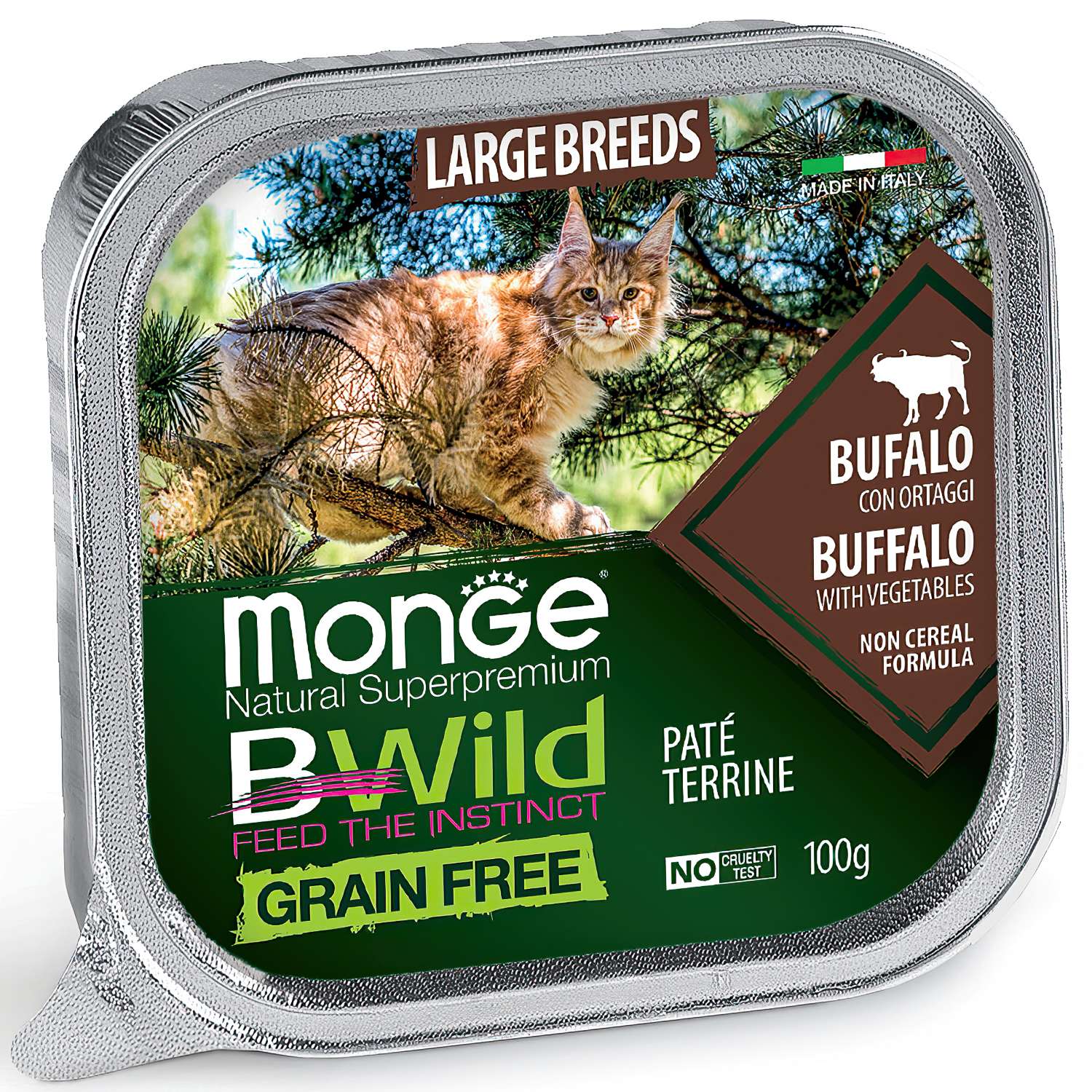 Корм для кошек MONGE BWild Grain free крупных пород из буйвола с овощами консервированный 100г - фото 1