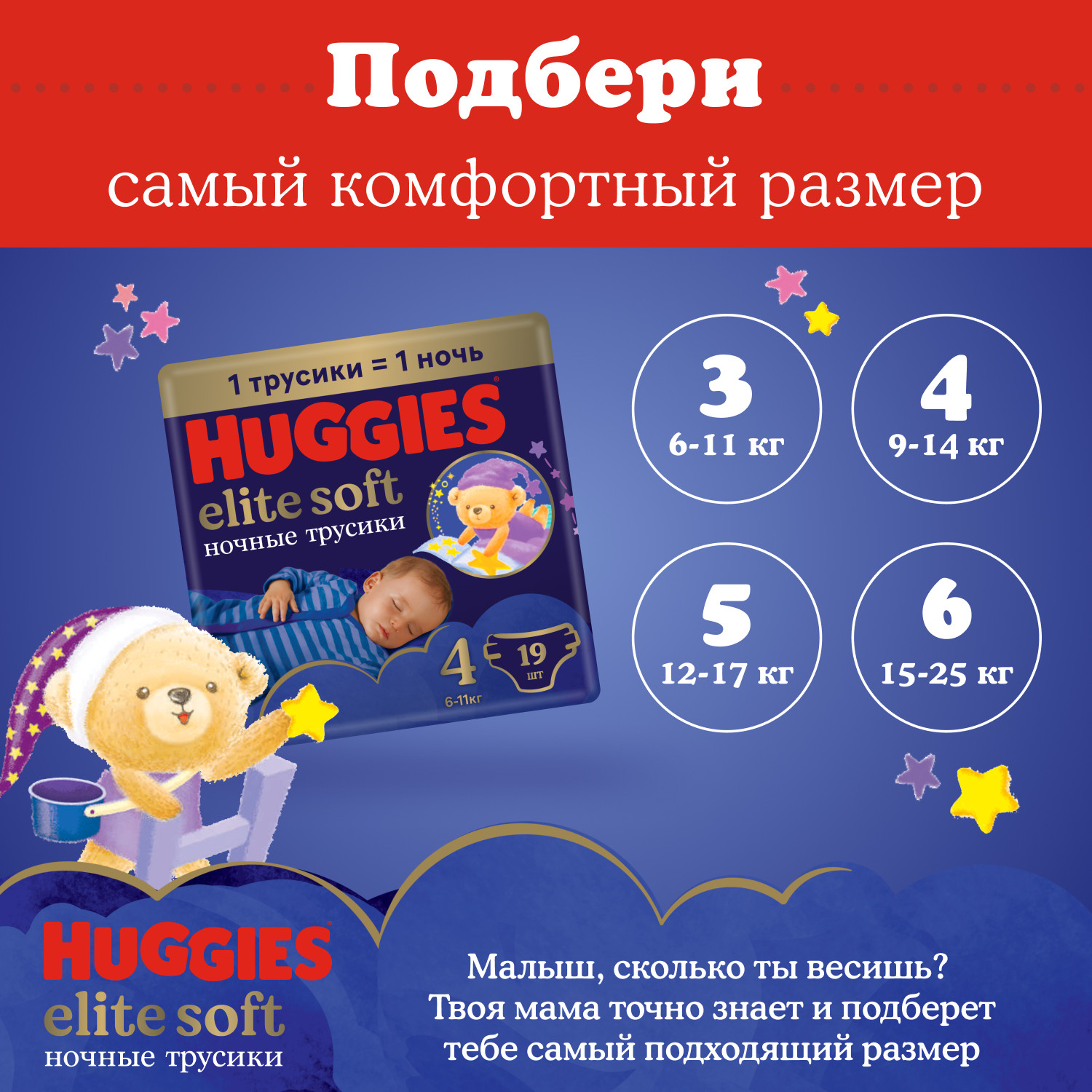 Подгузники-трусики Huggies Elite Soft ночные 5 12-17кг 17шт