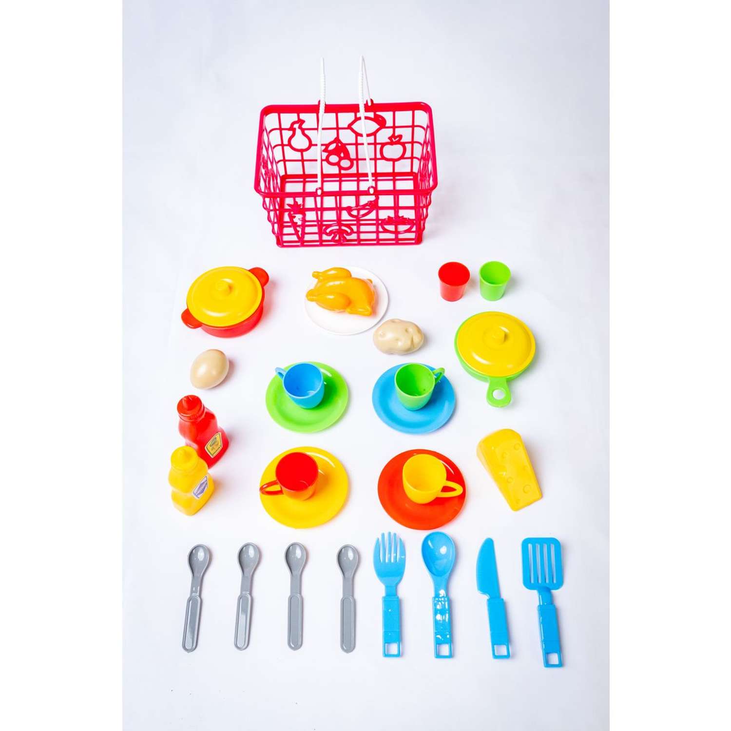 Детская игрушечная посуда Green Plast с продуктами для кухни в корзинке - фото 2
