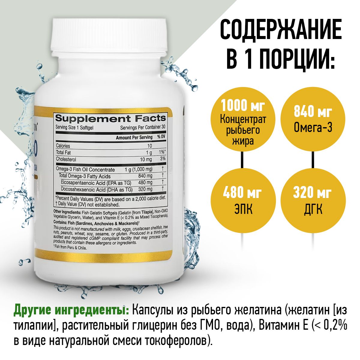 Омега 3 California Gold Nutrition 800 1000mg EPA-DHA 30 капсул - фото 3