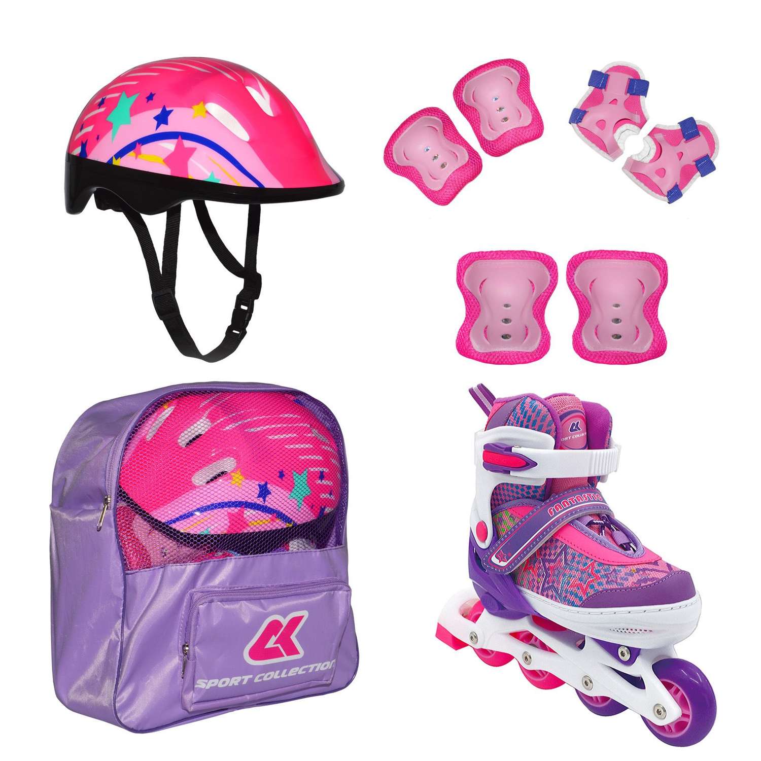 Набор роликовые коньки Sport Collection раздвижные Set Fantastic Violet шлем и набор защиты в сумке размер M 33-36 - фото 1
