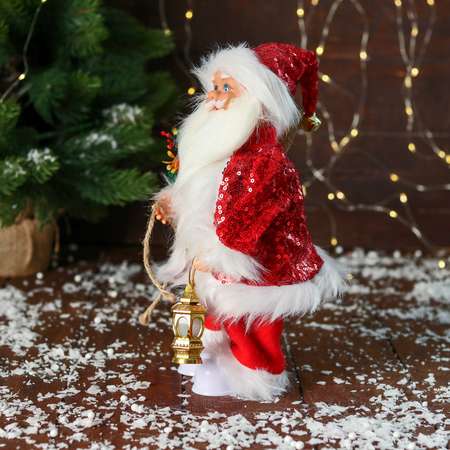 Дед мороз Sima-Land «В костюме с пайетками с фонариком» двигается с подсветкой 28 см красный