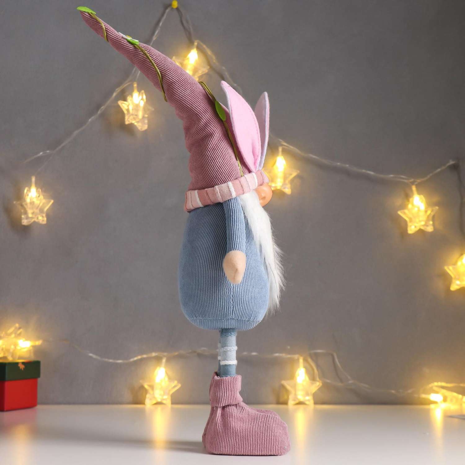 Кукла интерьерная Зимнее волшебство «Дед Мороз в розово-голубом наряде в колпаке с ушками» 48х10х13 см - фото 2