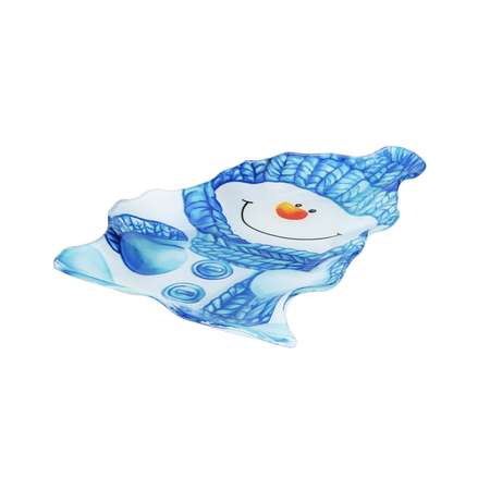 Блюдо Доляна стеклянное сервировочное «Снеговик в голубом» 22×15×2 см