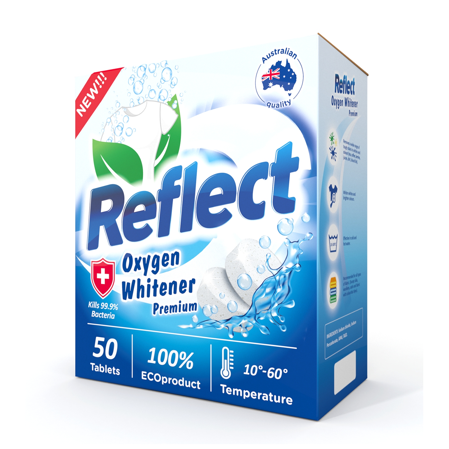 Отбеливатель Oxygen Whitener Reflect Premiun для стирки светлого и белого белья ЭКОлогичный кислородный без хлора 50 таблеток - фото 1