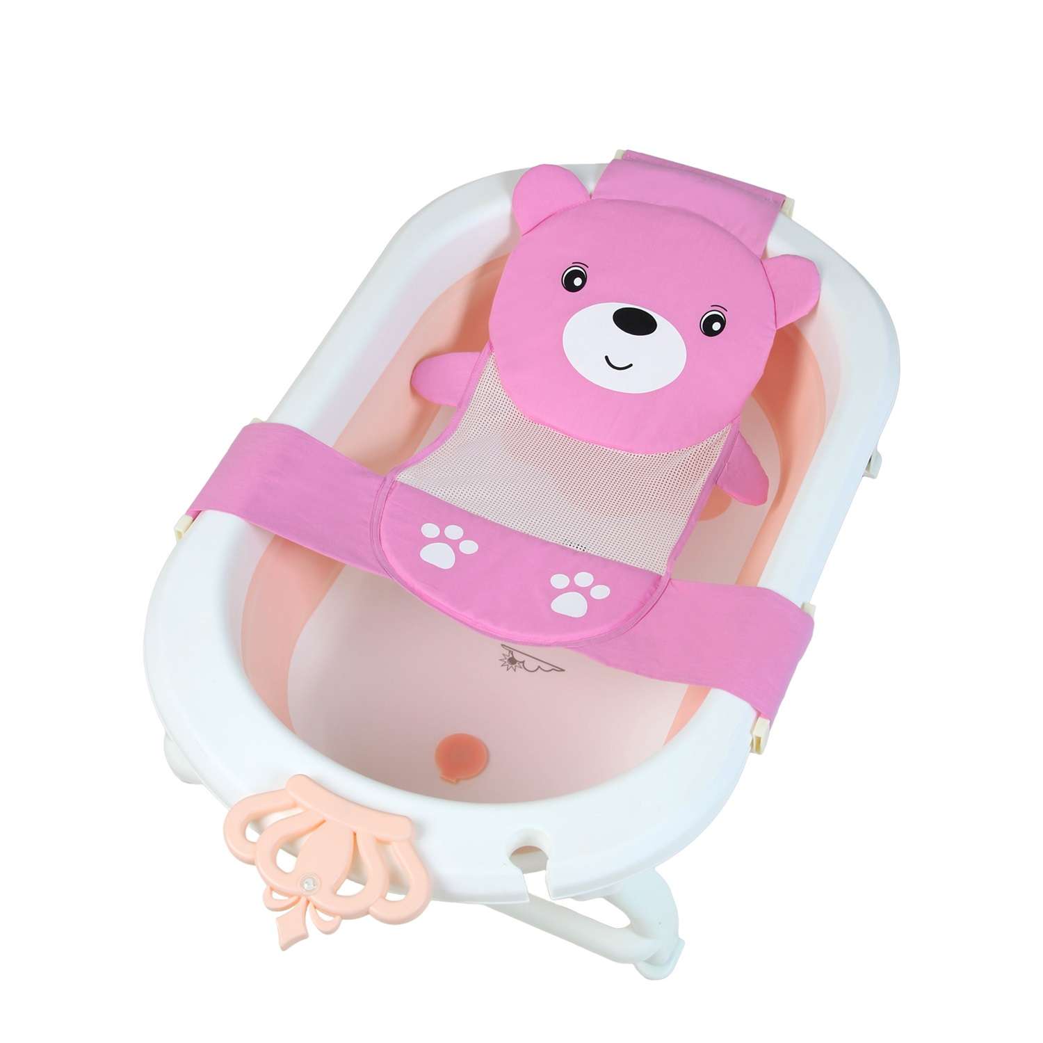 Гамак LaLa-Kids для купания новорожденных с мягким подголовником Медвежонок розовый - фото 1