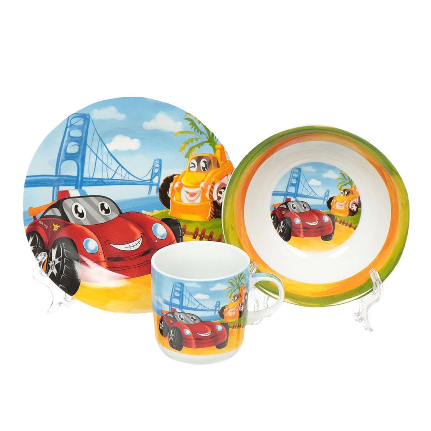 Набор детской посуды Daniks декорированный Автомобили 3 предмета керамика подходит для СВЧ и ПММ - фото 1