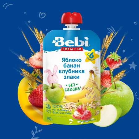 Пюре Bebi Premium яблоко-банан-клубника-злаки 90г с 6месяцев