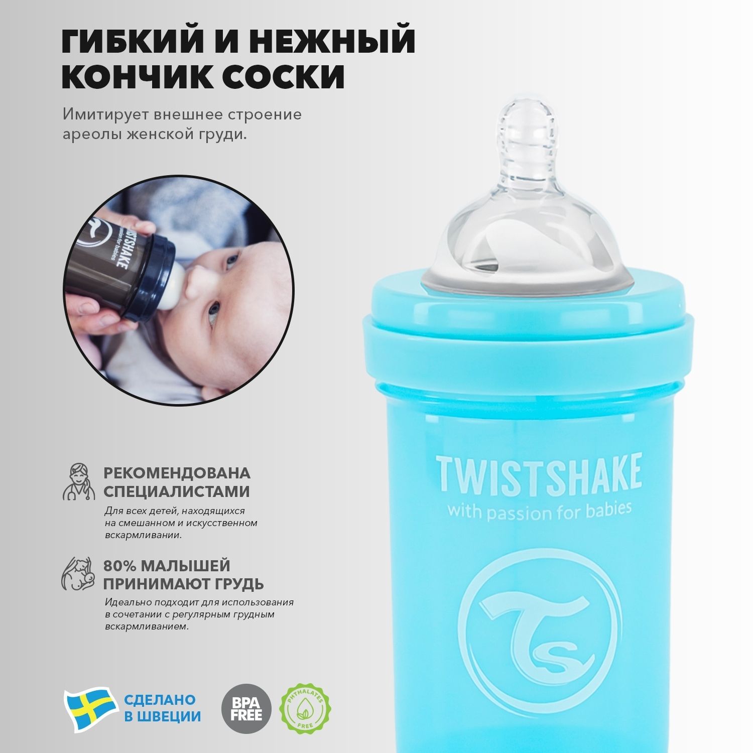 Бутылочка Twistshake Антиколиковая Пастельный синий 260 мл 2 мес+ - фото 3