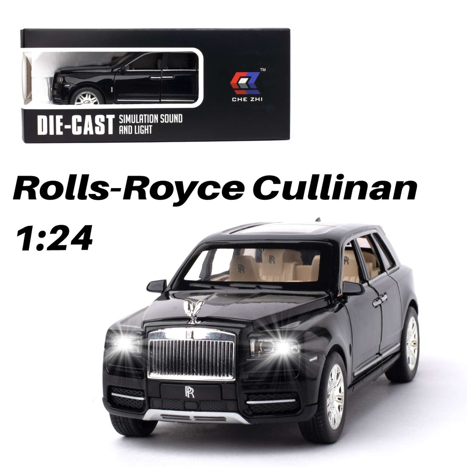 Машинка игрушка железная 1:24 Che Zhi Rolls-Royce Cullinan CZ113-black - фото 1