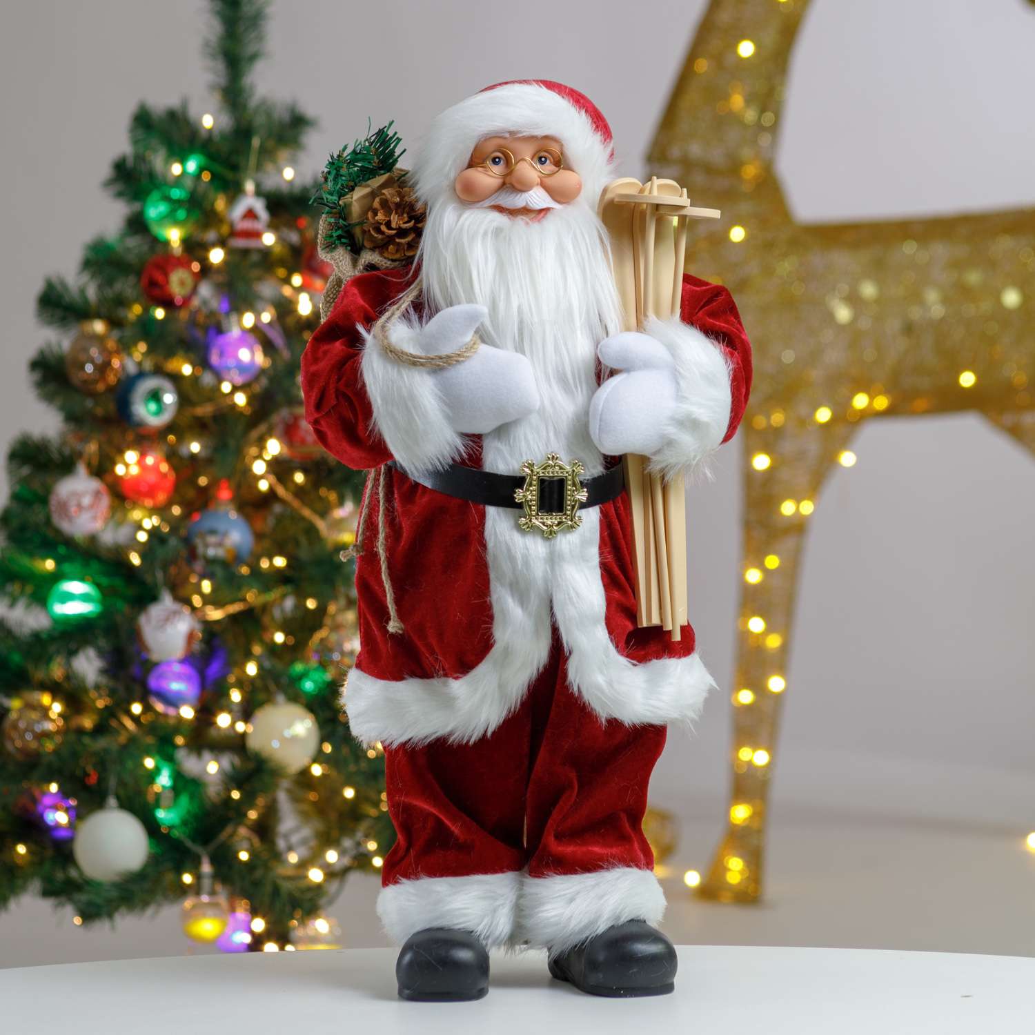 Фигура декоративная BABY STYLE Дед Мороз в бордовом костюме с белым орнаментом с мешком с подарками 60 см - фото 1