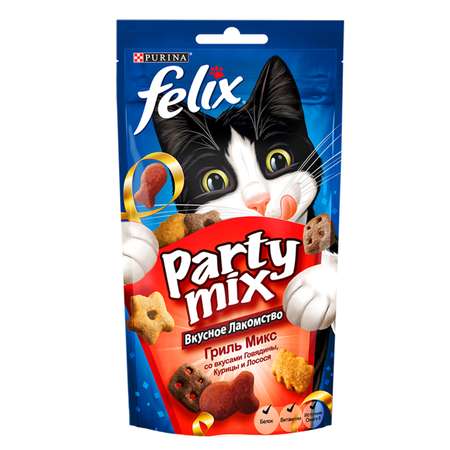 Корм для кошек Felix Party mix гриль микс со вкусами говядины курицы и лосося пауч 60г