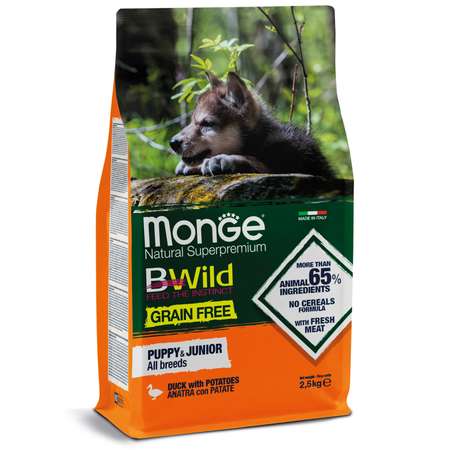 Корм для щенков MONGE BWild Grain free из мяса утки с картофелем 2.5кг