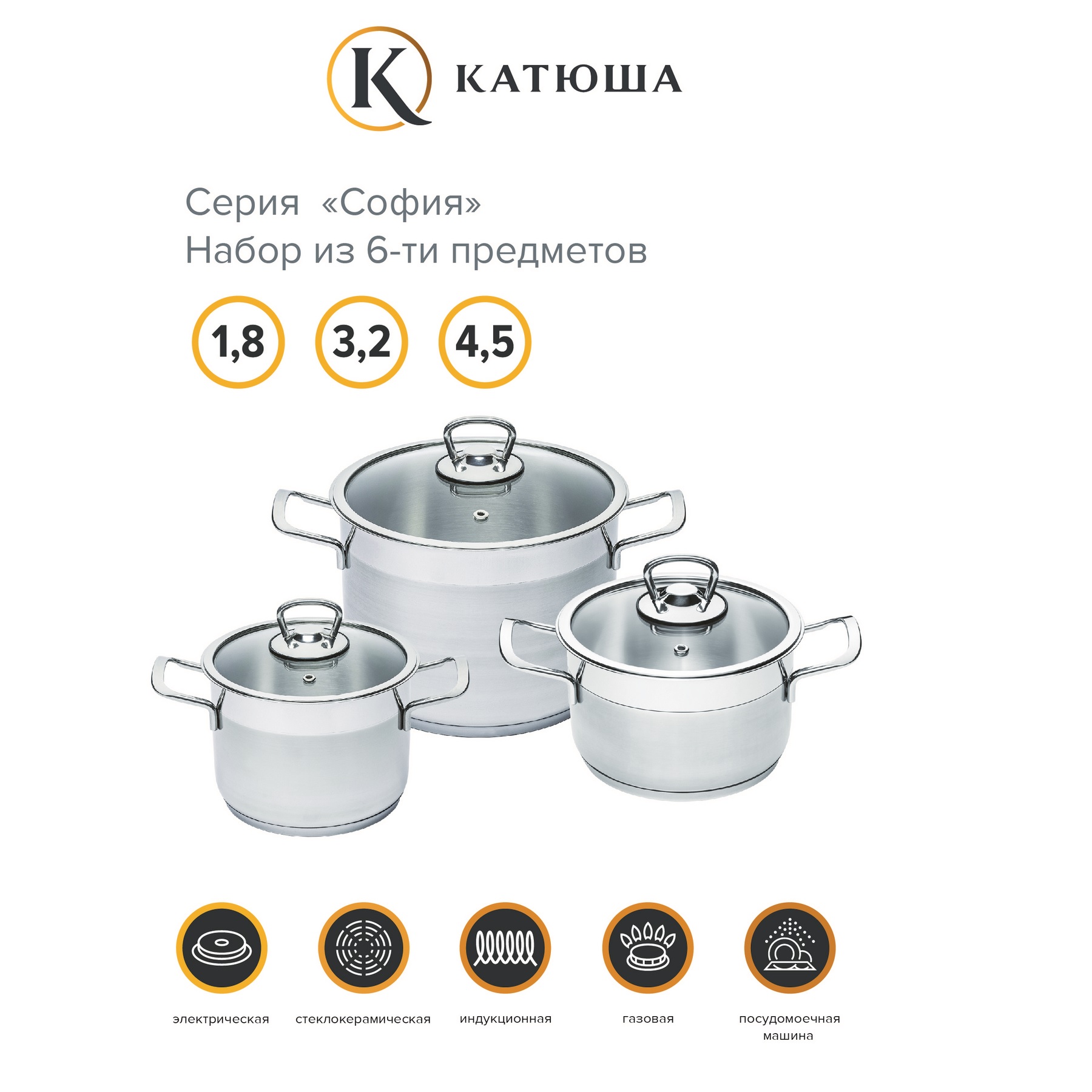 Набор кастрюль Катюша нержавеющая сталь София 6 предметов 1.8/3.2/ 4.5 литра стеклянные крышки - фото 2