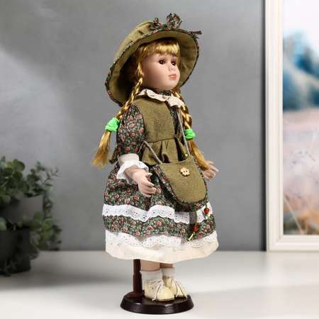 Кукла коллекционная Зимнее волшебство керамика «Маша в зелёном платье в цветочек» 40 см