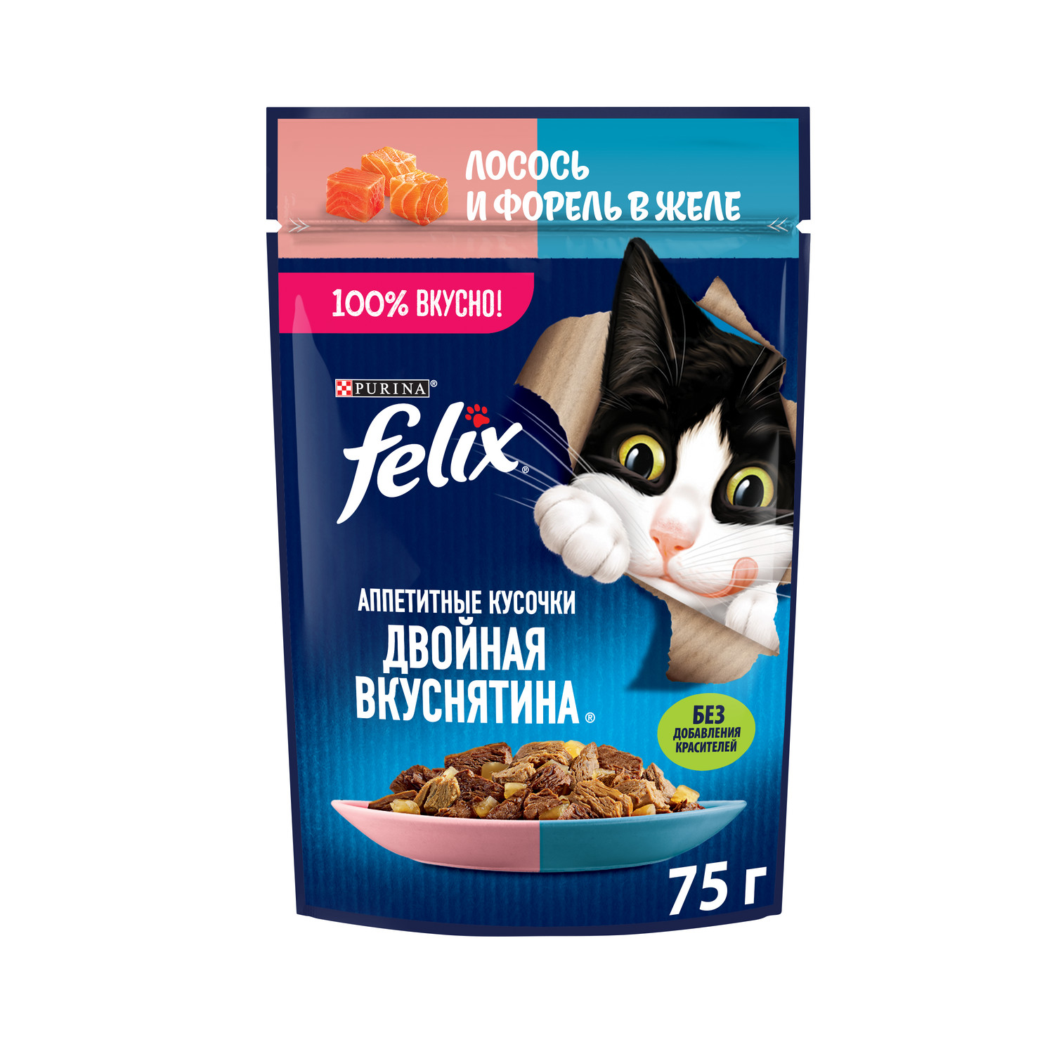 Корм для кошек Felix 75г Двойная вкуснятина лосось-форель купить по цене 21  ₽ с доставкой в Москве и России, отзывы, фото