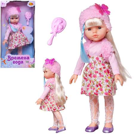 Кукла ABTOYS Времена года 32 см в розовой кофте сарафане с цветочным рисунком и в шапке