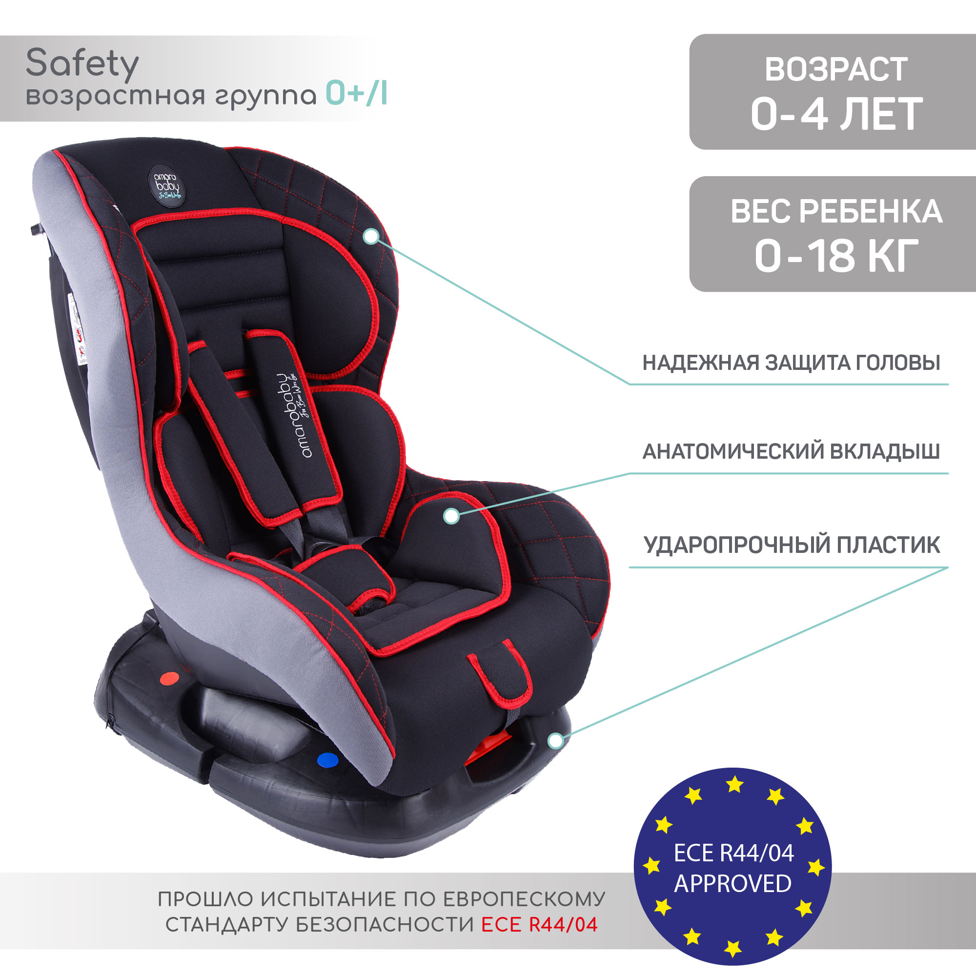 Автокресло детское AmaroBaby Safety группа 0+ чёрный красный - фото 3