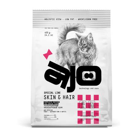 Корм для кошек AJO 400г длинношерстных здоровая кожа и красивая шерсть с лососем и индейкой