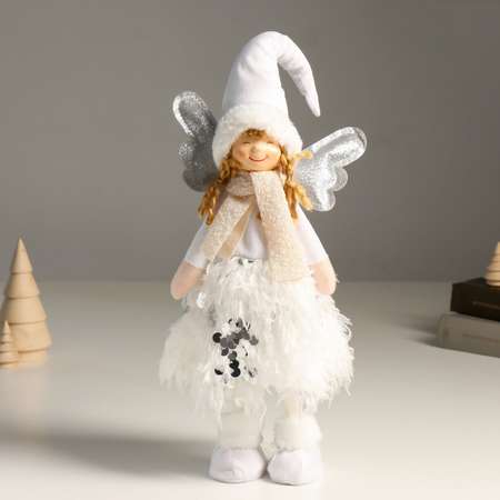 Кукла интерьерная Зимнее волшебство «Ангелочек в белом с пайетками серебристые крылья» 40 см